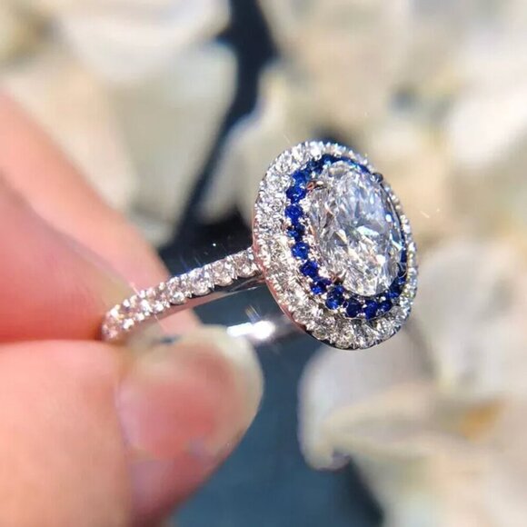 NEW 925 Sterling Silver Diamond Ring Oval Cut Ring Blue Sapphire Ring - Picture 4 of 5
